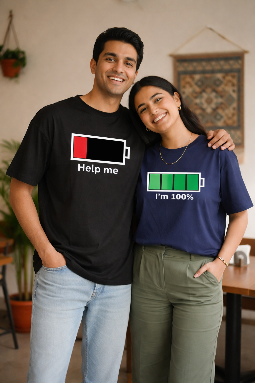 Couple Battery Matching Oversized Fit T-shirts (Set of 2) – Help Me & I’m 100%