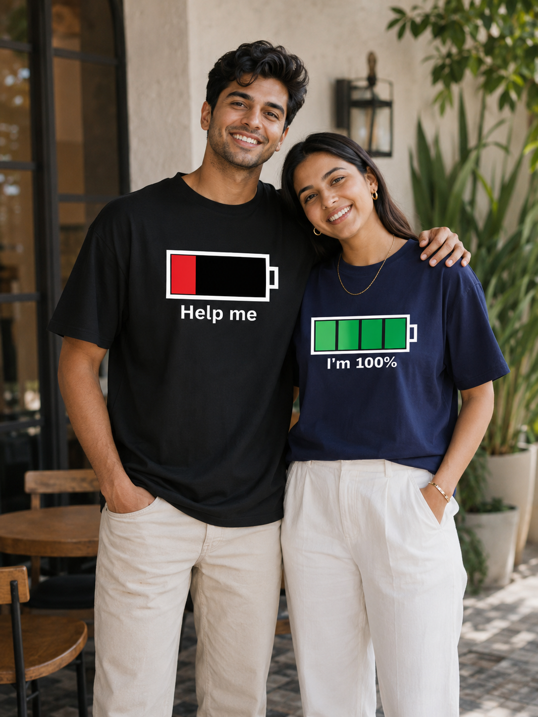 Couple Battery Matching Oversized Fit T-shirts (Set of 2) – Help Me & I’m 100%
