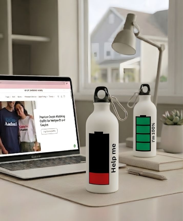Couple Battery Matching Sipper Bottle Set (Pack of 2) – “Help Me & I’m 100%” Printed Design