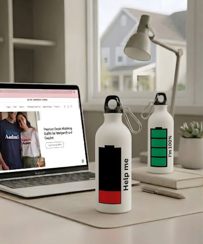 Couple Battery Matching Sipper Bottle Set (Pack of 2) – “Help Me & I’m 100%” Printed Design