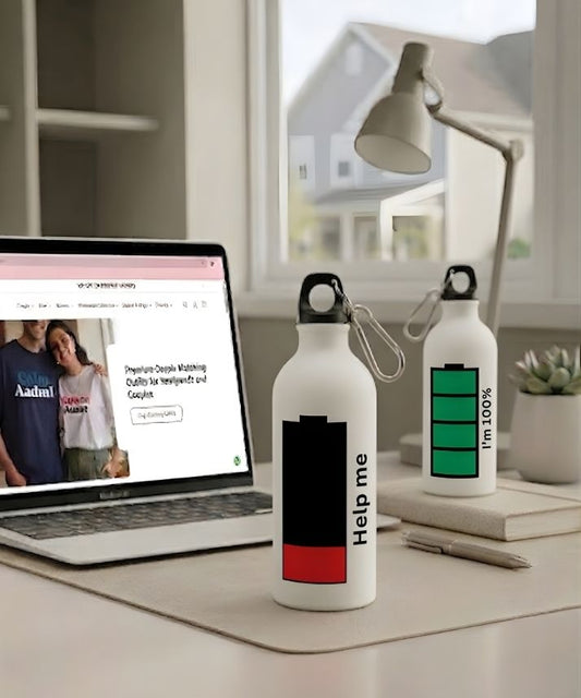 Couple Battery Matching Sipper Bottle Set (Pack of 2) – “Help Me & I’m 100%” Printed Design