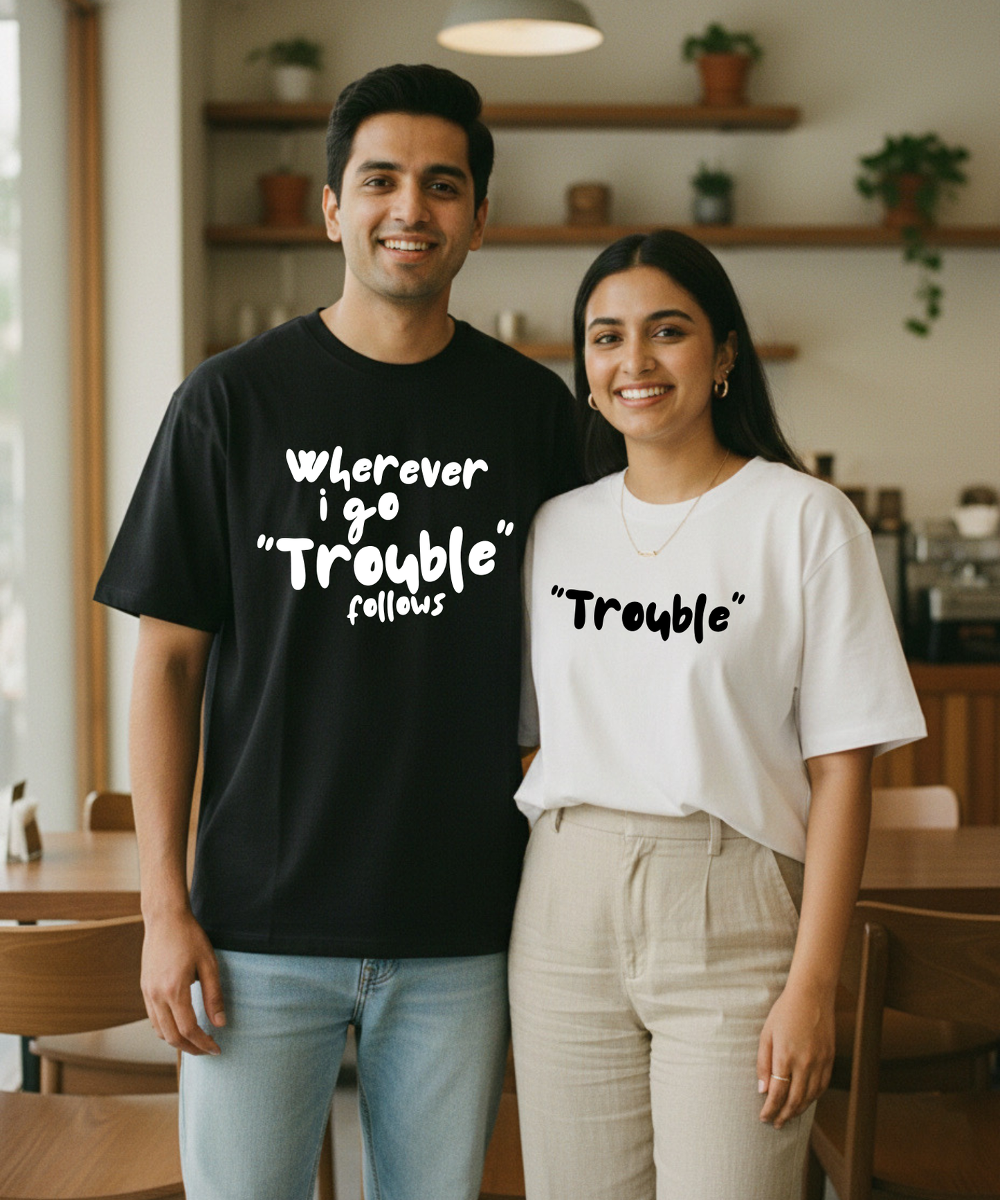 Wherever I Go Trouble Follows / Trouble – Couple Oversized Fit T-shirts (Set of 2)