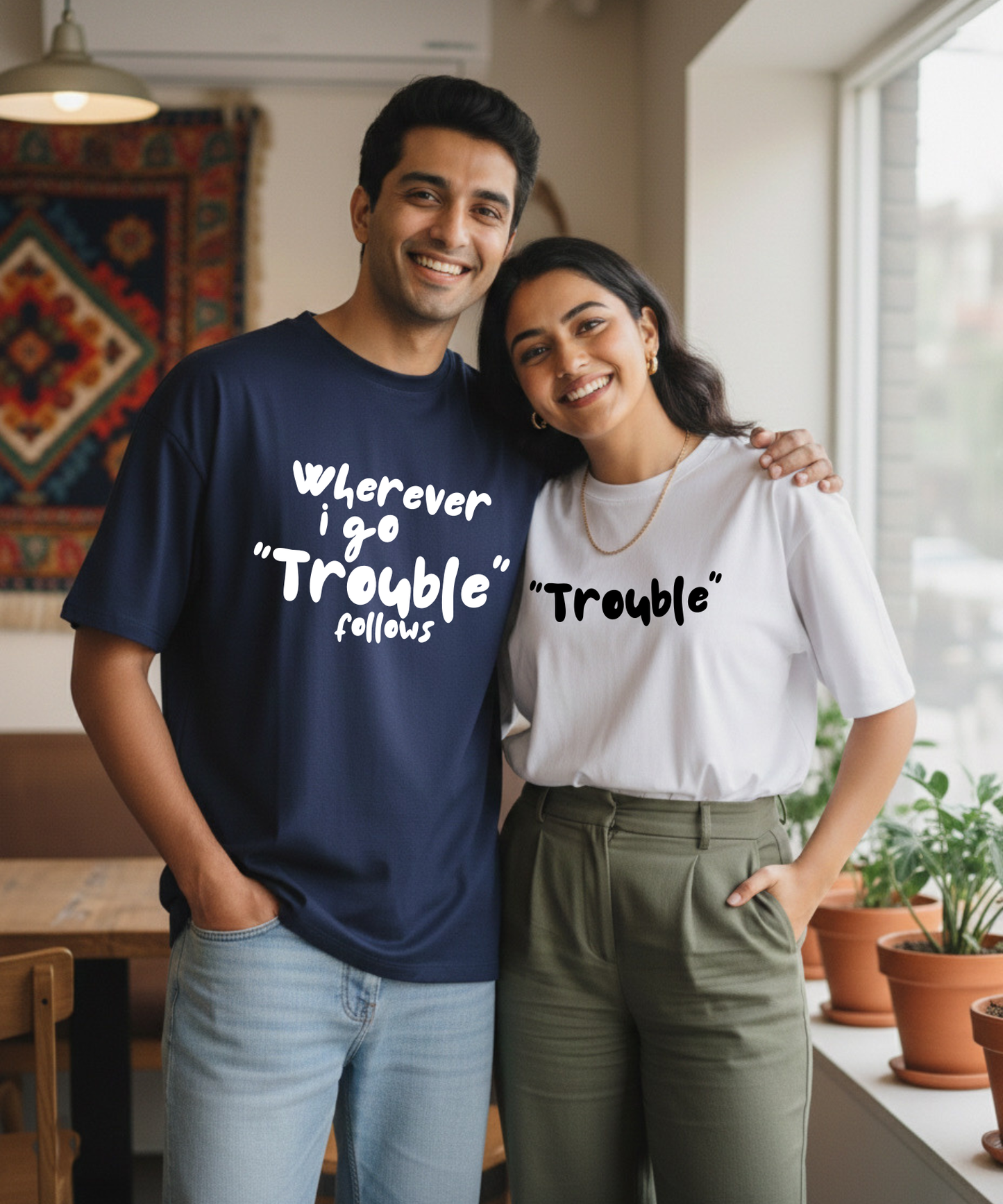 Wherever I Go Trouble Follows / Trouble – Couple Oversized Fit T-shirts (Set of 2)