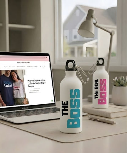 Couple Hood “The Boss / The Real Boss” Couple Matching Sipper Bottle Set (Pack of 2)