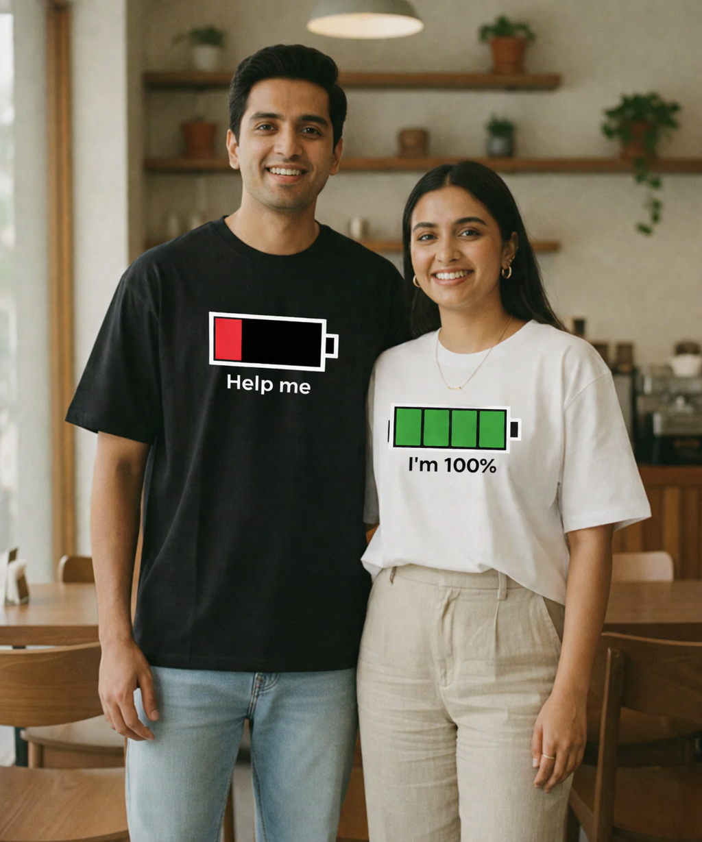 Couple Battery Matching Oversized Fit T-shirts (Set of 2) – Help Me & I’m 100%