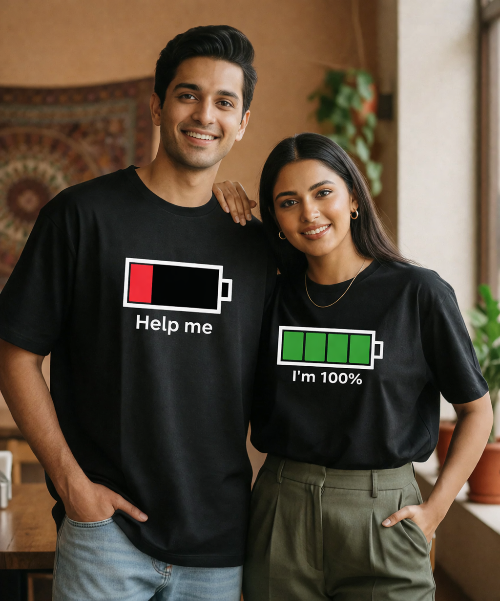 Couple Battery Matching Oversized Fit T-shirts (Set of 2) – Help Me & I’m 100%