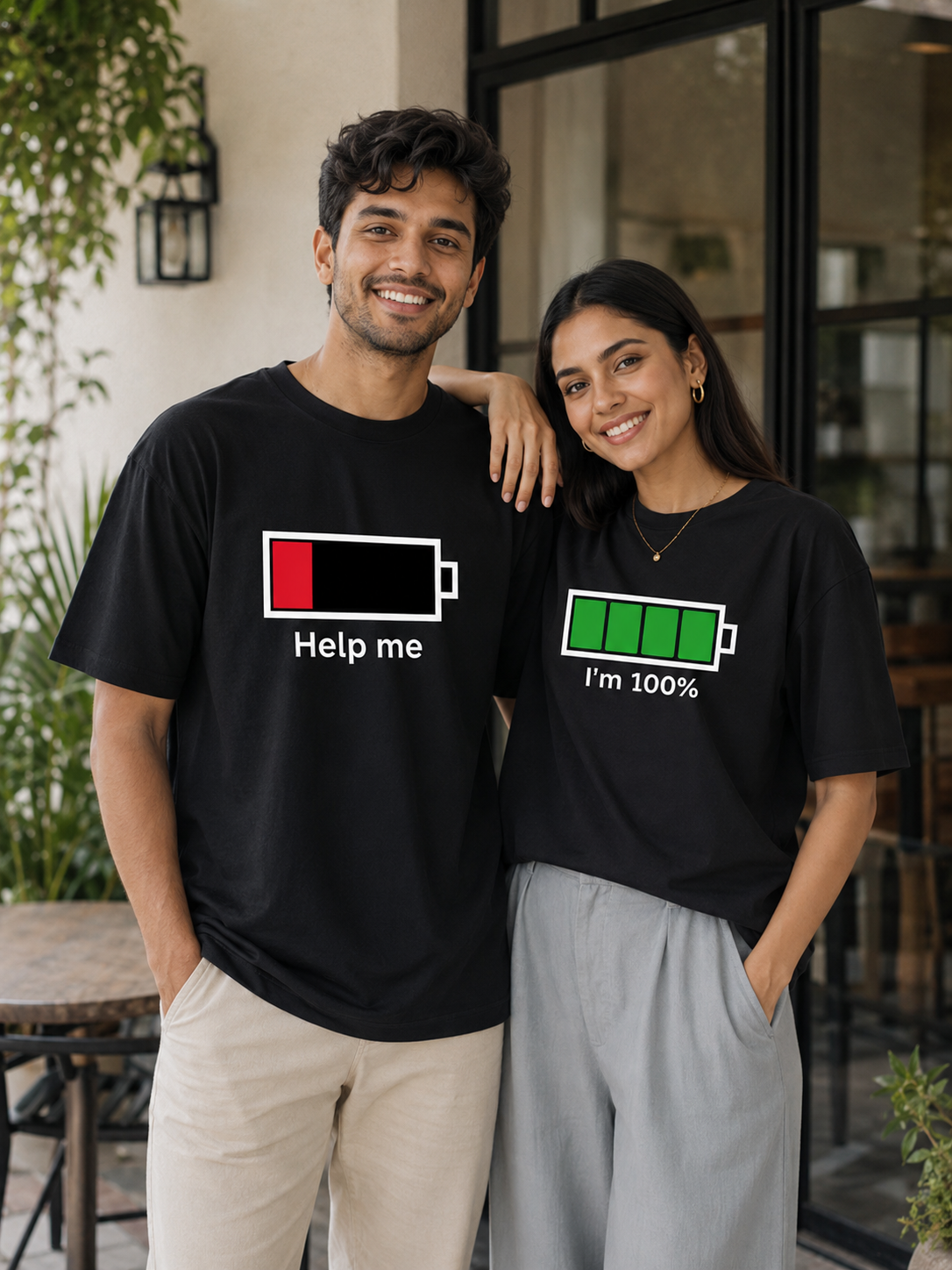 Couple Battery Matching Oversized Fit T-shirts (Set of 2) – Help Me & I’m 100%