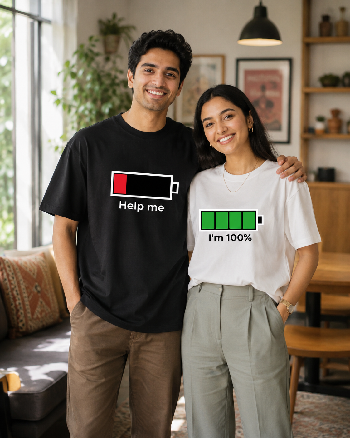 Couple Battery Matching Oversized Fit T-shirts (Set of 2) – Help Me & I’m 100%
