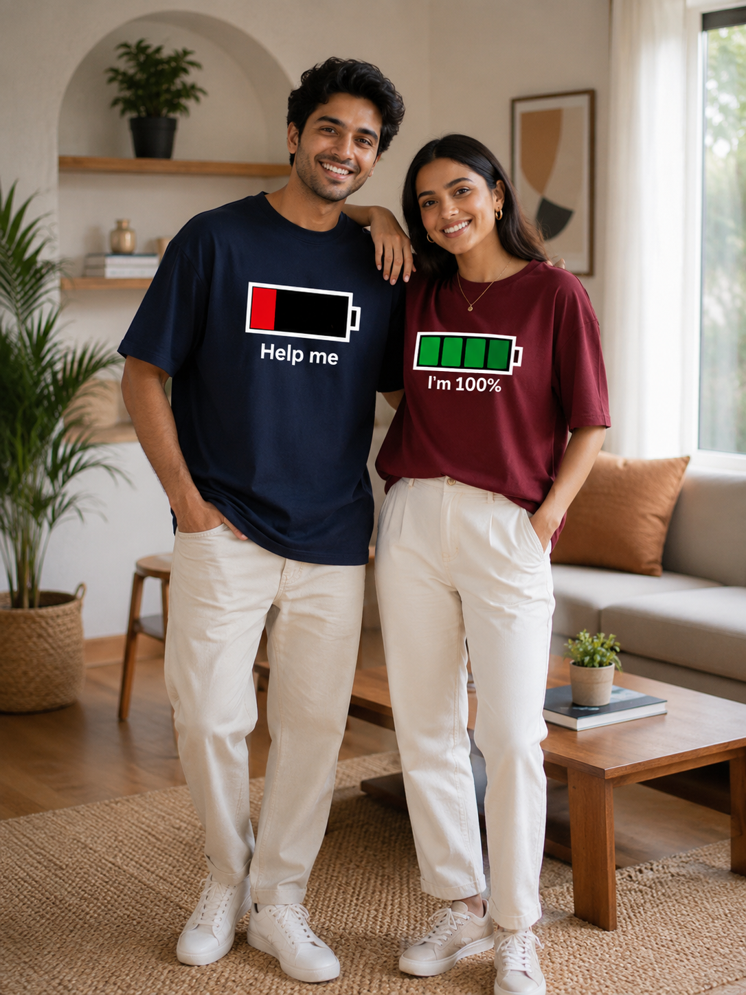 Couple Battery Matching Oversized Fit T-shirts (Set of 2) – Help Me & I’m 100%