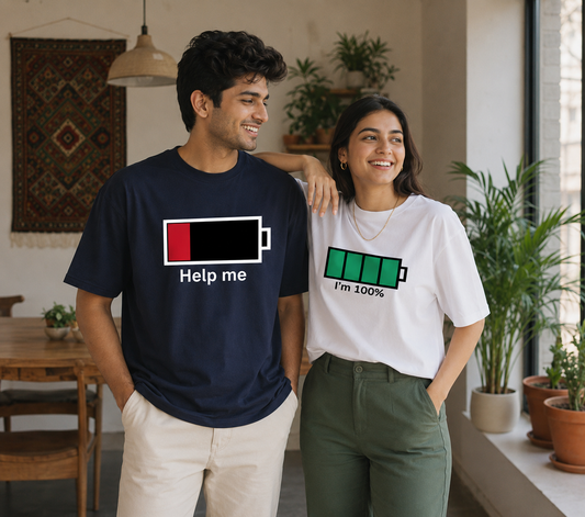 Couple Battery Matching Oversized Fit T-shirts (Set of 2) – Help Me & I’m 100%