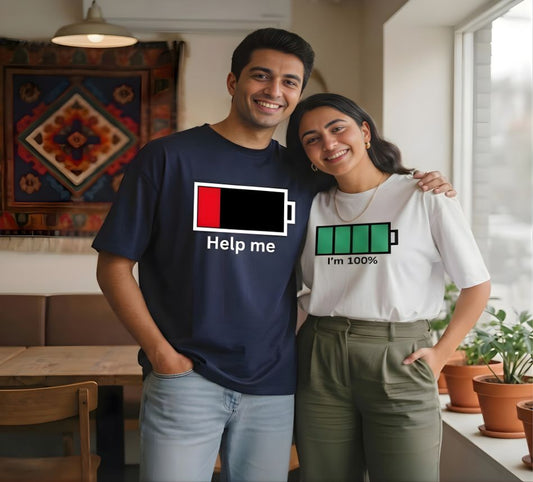 Couple Battery Matching Oversized Fit T-shirts (Set of 2) – Help Me & I’m 100%