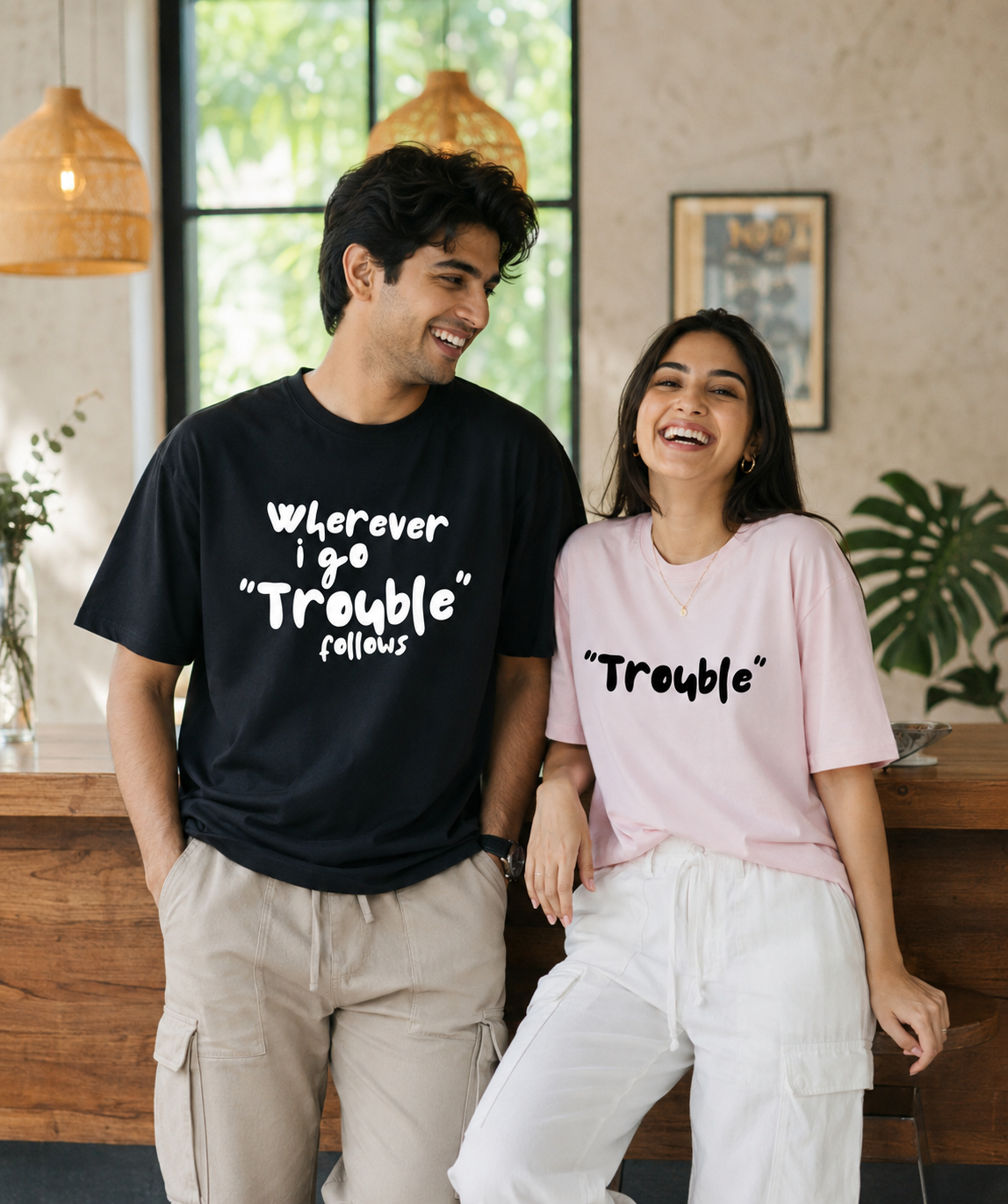 Wherever I Go Trouble Follows / Trouble – Couple Oversized Fit T-shirts (Set of 2)