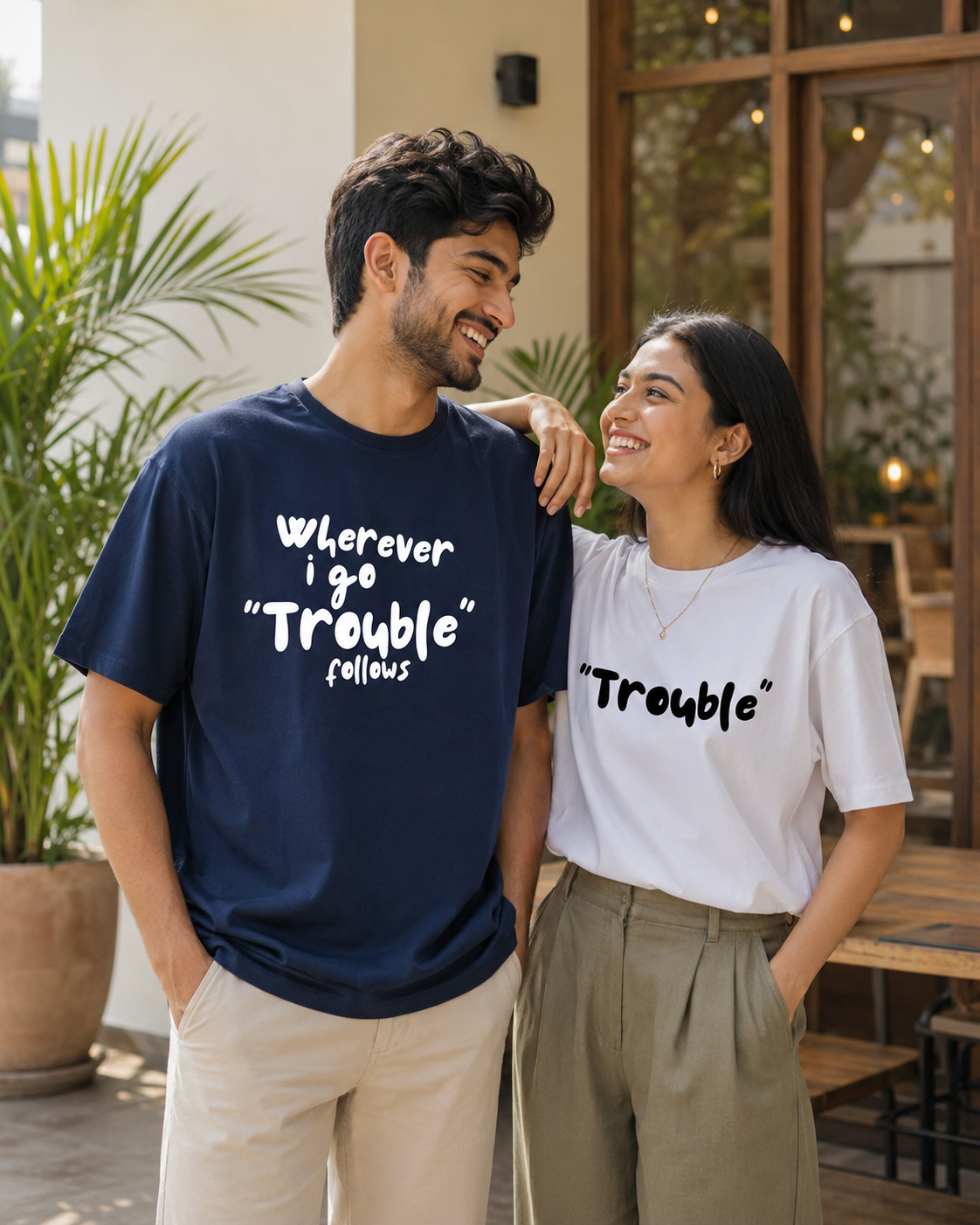 Wherever I Go Trouble Follows / Trouble – Couple Oversized Fit T-shirts (Set of 2)