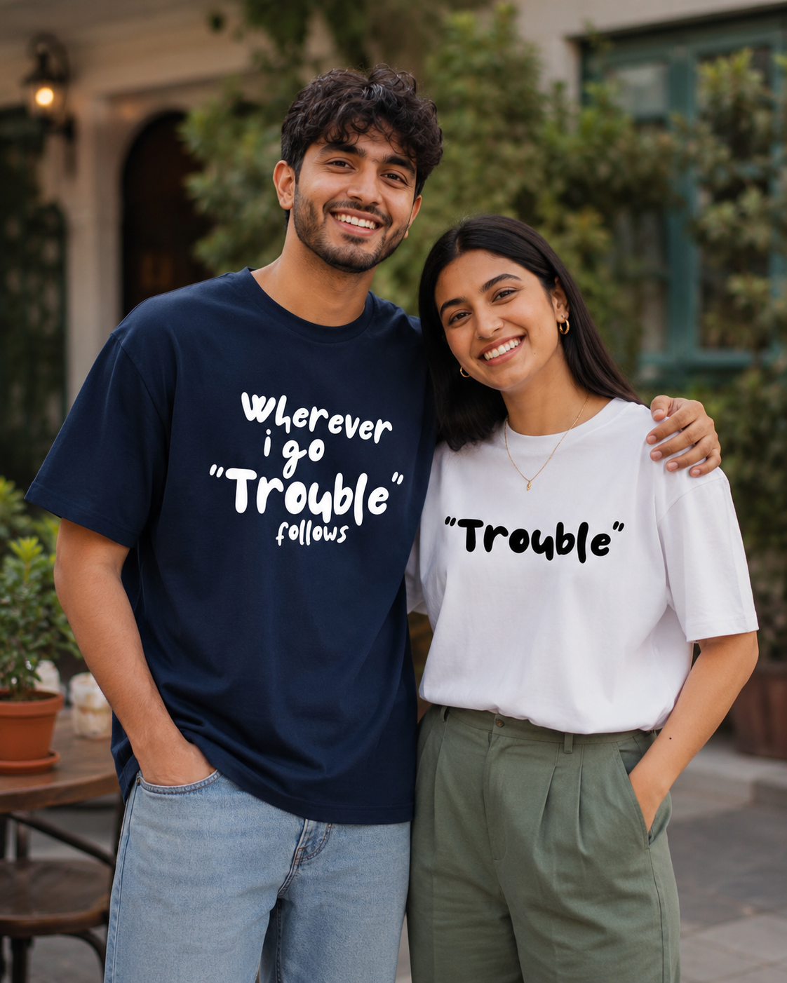 Wherever I Go Trouble Follows / Trouble – Couple Oversized Fit T-shirts (Set of 2)