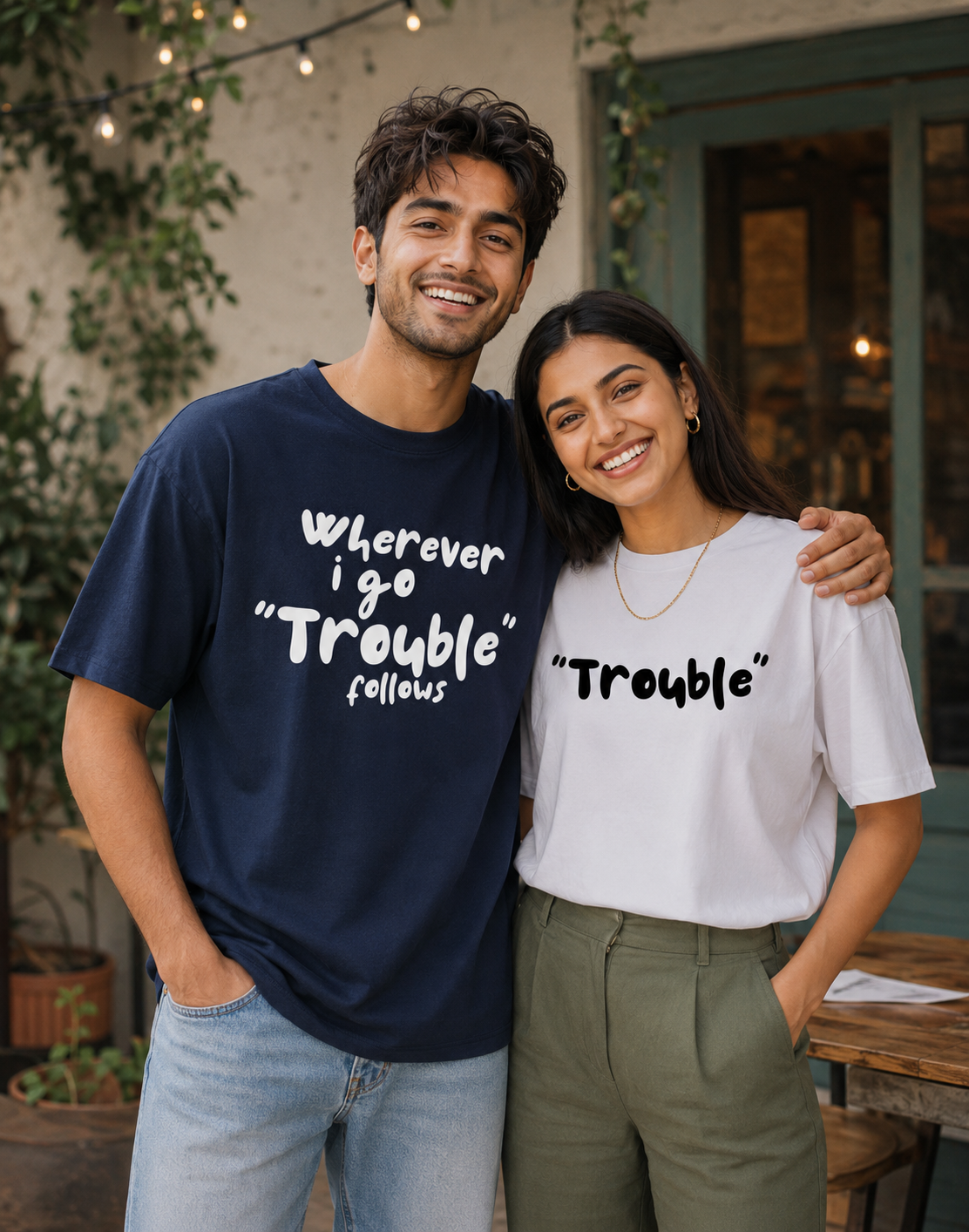Wherever I Go Trouble Follows / Trouble – Couple Oversized Fit T-shirts (Set of 2)