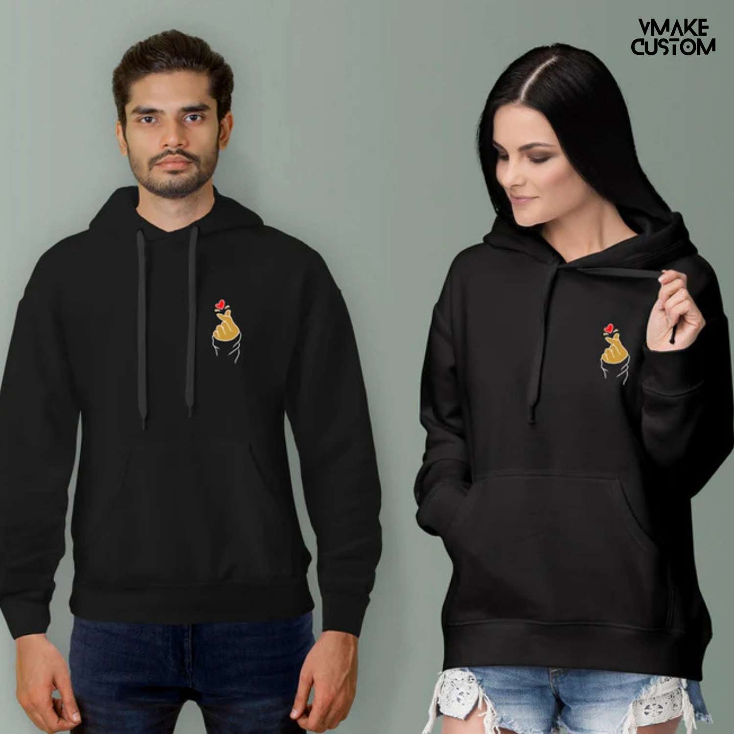korean heart black hoodies for couple