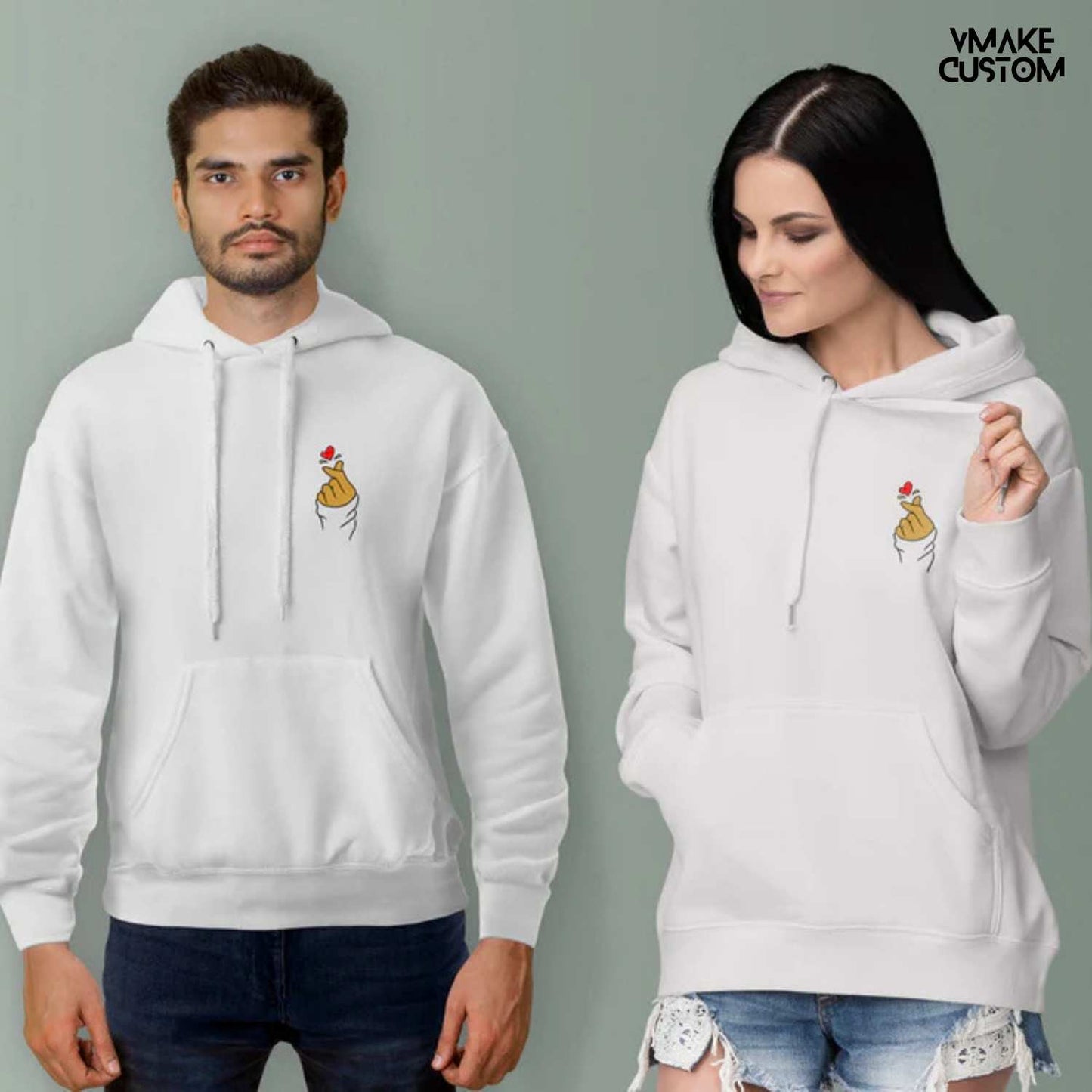 korean heart white hoodies for couple
